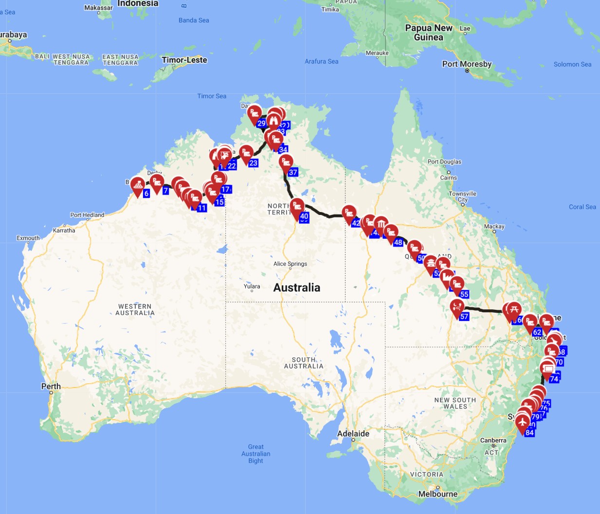 Map for Broome to Sydney - Across the Heart of Australia Road Trip